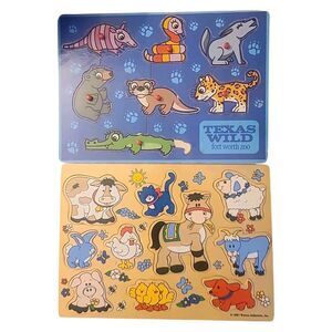 2 Vintage Animal Theme‎ Wooden Board Tray Puzzles Warren Ind. & Fort Worth Zoo